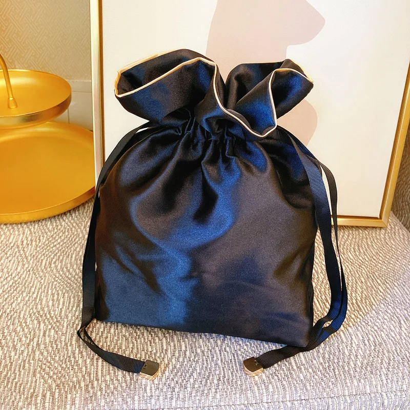 Custom Logo Printed Jewelry Packaging Underwear Dust Pouch Silk Lingerie Drawstring Satin Bag for Hair Bundles