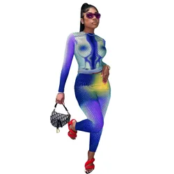 Sexy Tie Dye Two Piece Set Long Sleeve Crop Top Pencil Pants Women Y2k Clothing 2 Piece Set Leggings Matching Sets