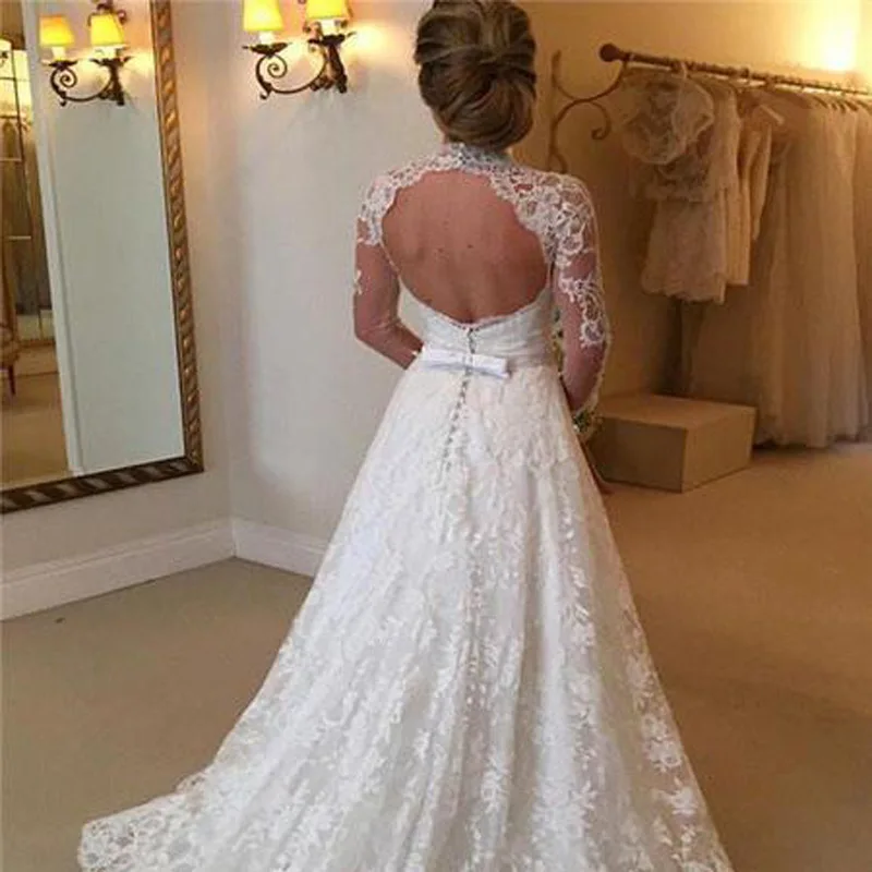Wholesale women girl lady Wedding dresses long sleeve lace sheer dress bridal gown