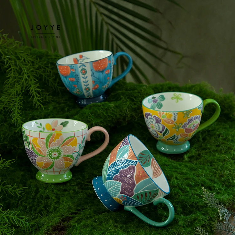 Joyye Ceramic Mugs In Stocked 16oz 450ml Breakfast Cup Set For 4 People Home Use Hand Painted Flower Ceramic Stoneware Mugs