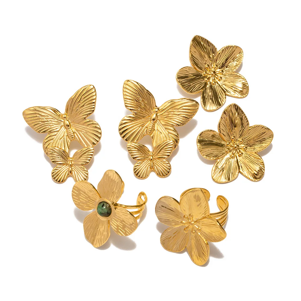 French Four-petal African Turquoise Double Butterfly Open Ring Premium Gold Plated Stainless steel Flower Ring For Girls