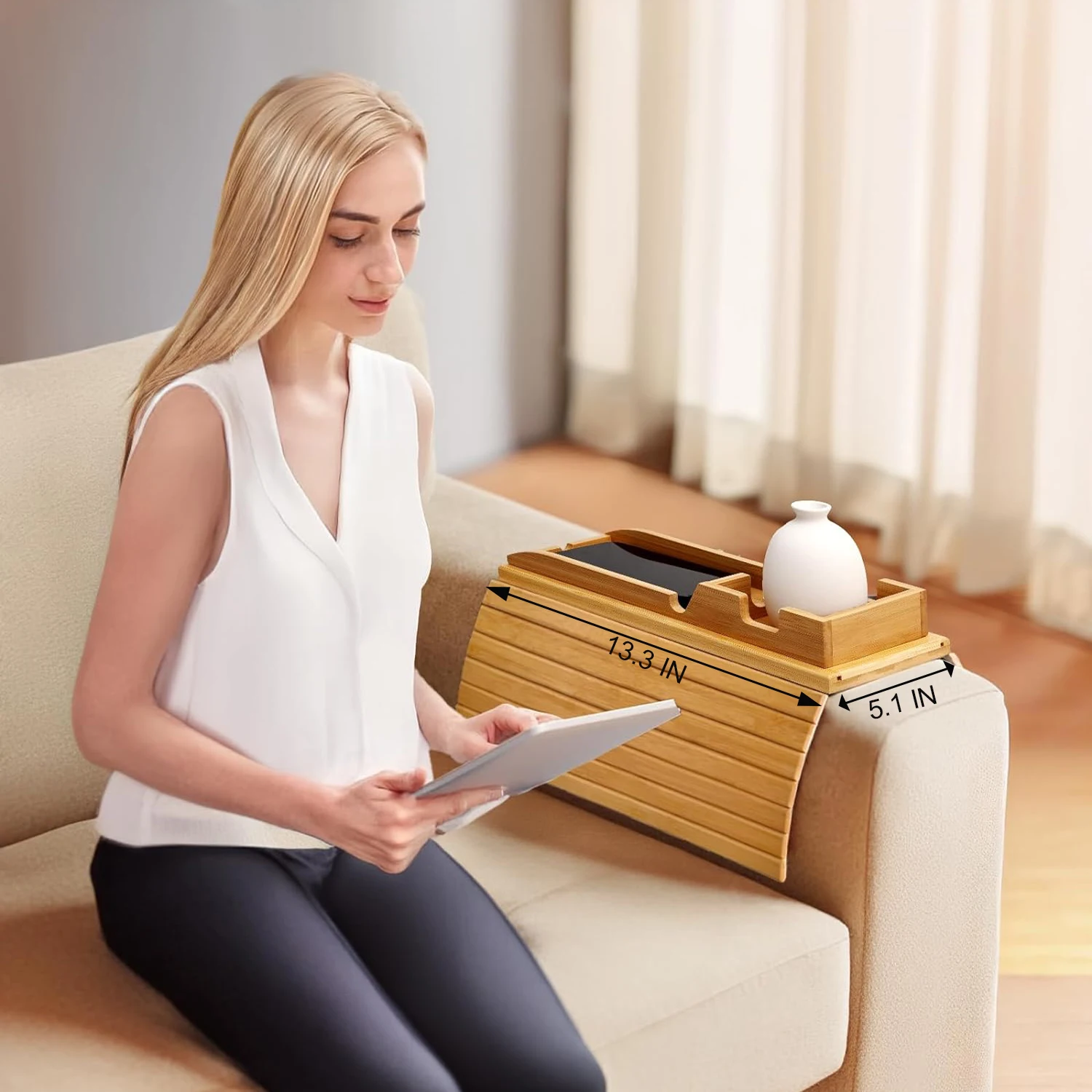 Customized 2 in 1 anti-slip detachable bamboo sofa armrest tray couch arm foldable cup holder for drinks remote snack phone