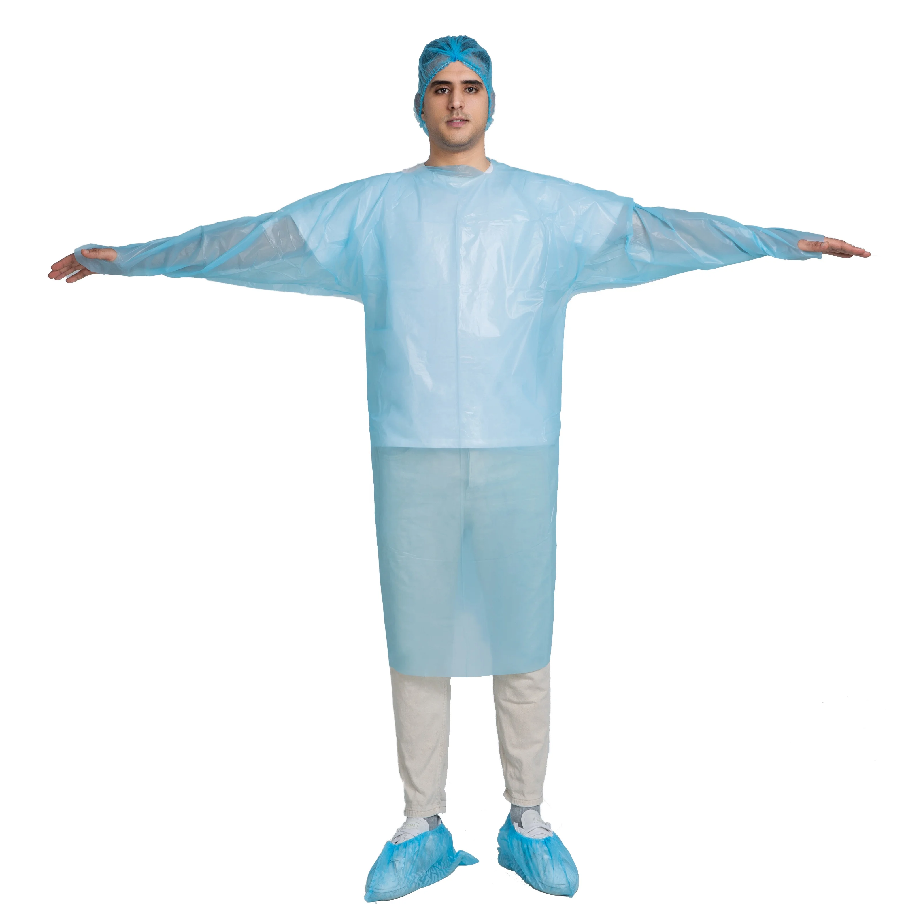 Wholesale CPE Gown Blue Medical Waterproof Disposable Polyethylene Plastic Hospital Isolation CPE Gown with Thumb Loop