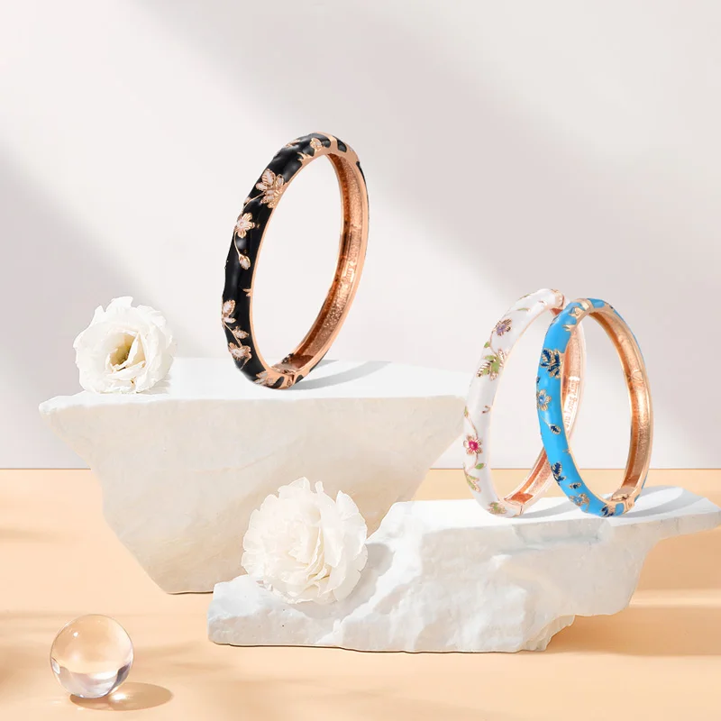 Wholesale Alloy Gold Plated Colorful Cloisonne Enamel Flower Bangle Bracelet for Ladies Jewelry Gift