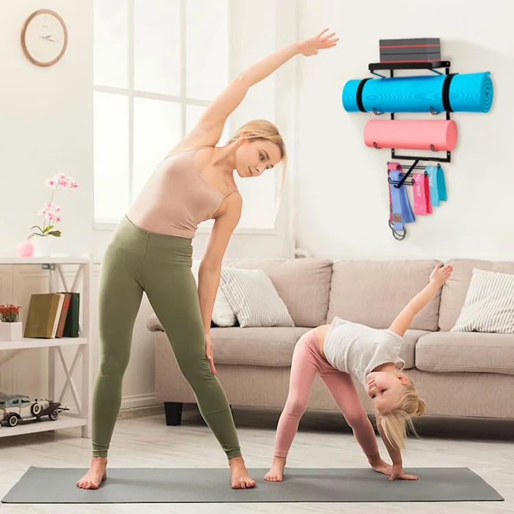 JH-Mech Home Gym Accessories Organizer 2 Tier Yoga Mat Organizer & 6 Hooks With Floating Shelf Yoga Mat Wall Mount Storage Rack