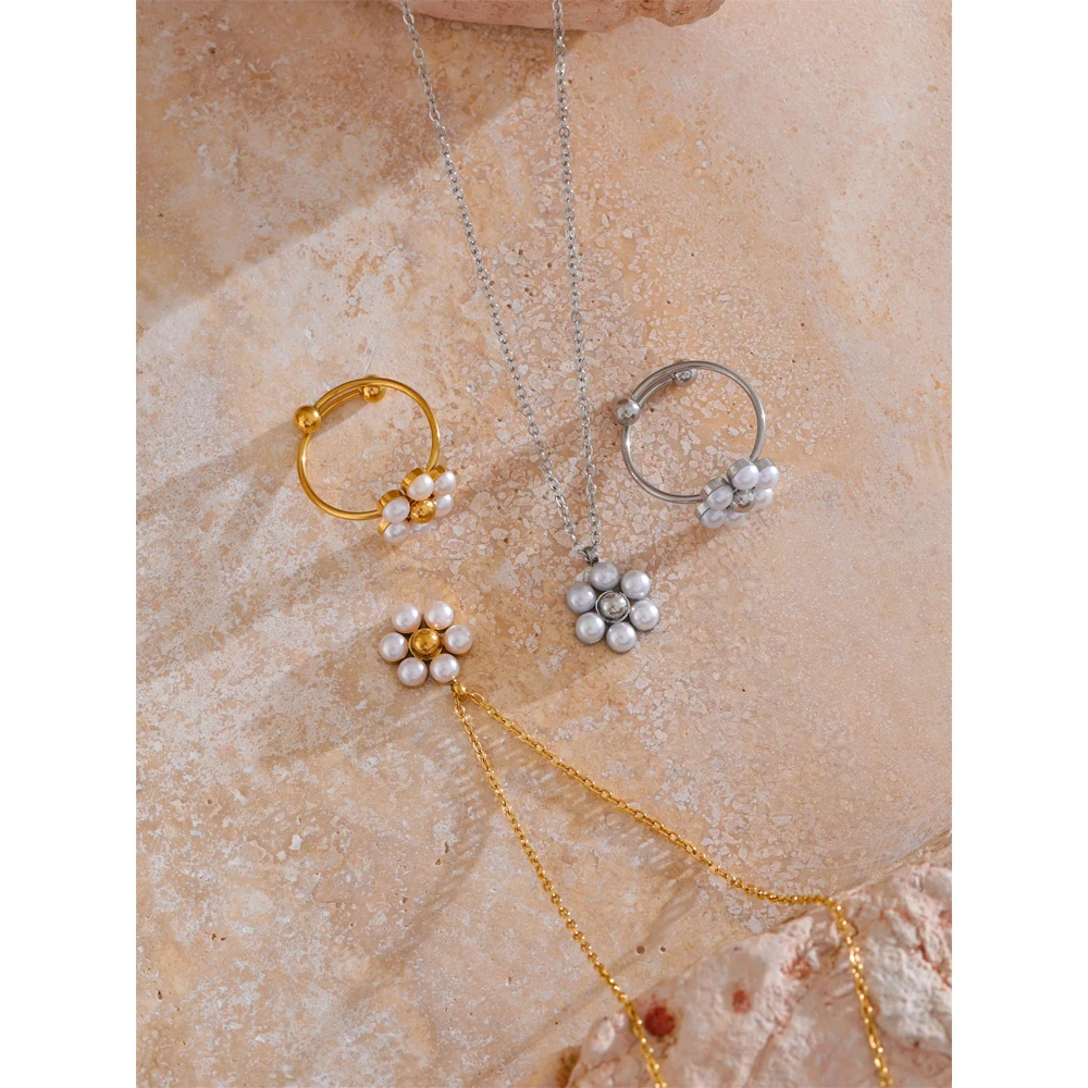 JINYOU 4438 Exclusive Simulated Pearls Flower Golden Necklace Ring Set PVD Stainless Steel Sweet Jewelry Set for Women Gift
