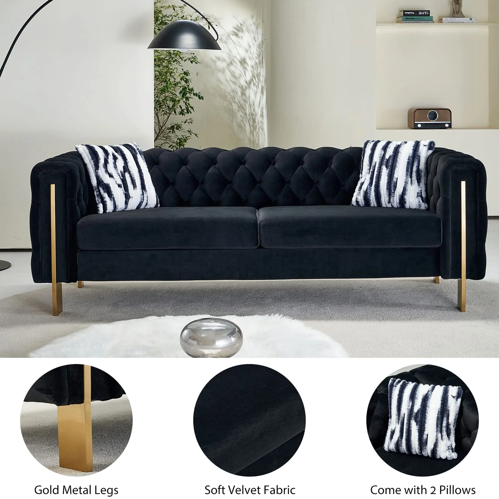 Velvet Couches for Living Room Chesterfield Sofa 3-Seater Comfy Sofas Upholstered Living Room Sofa Black