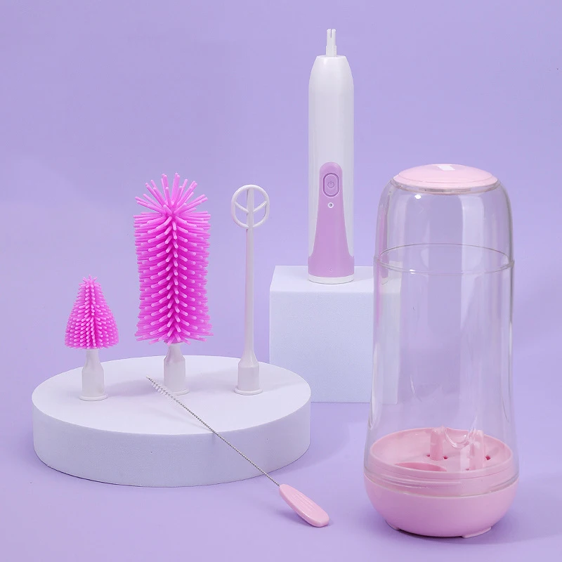 Electric Baby Bottle Brush Set with Silicone Bottle Pacifier Straw Brush and Mixing Head Waterproof Bottle Cleaner Brush