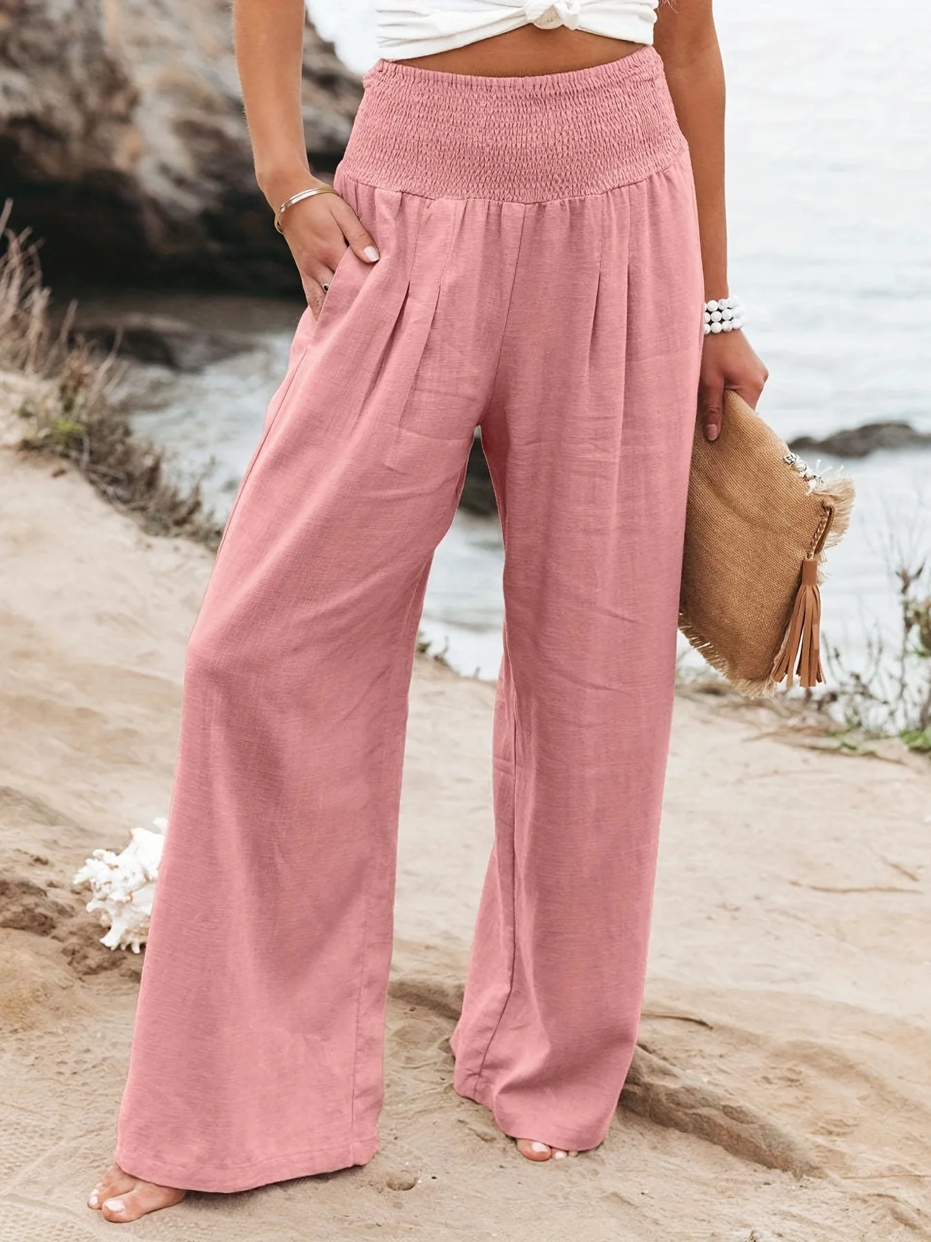 Popular Spring Autumn Women Casual Wide Leg Pants Solid Color Cotton Linen Mid Waist Trousers