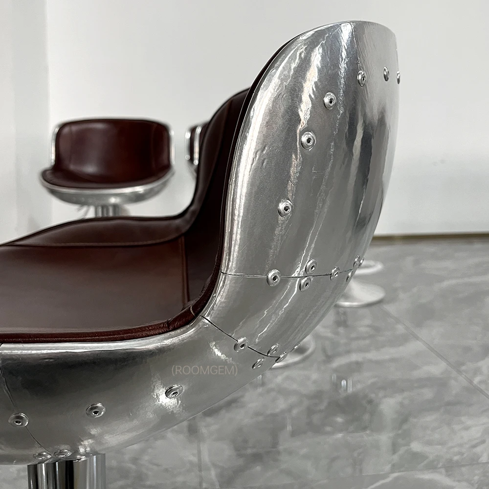 Genuine Leather Aviator Aluminum Barstools Back Leather Swivel Counter Height Chair Adjustable Vintage Bar Stools