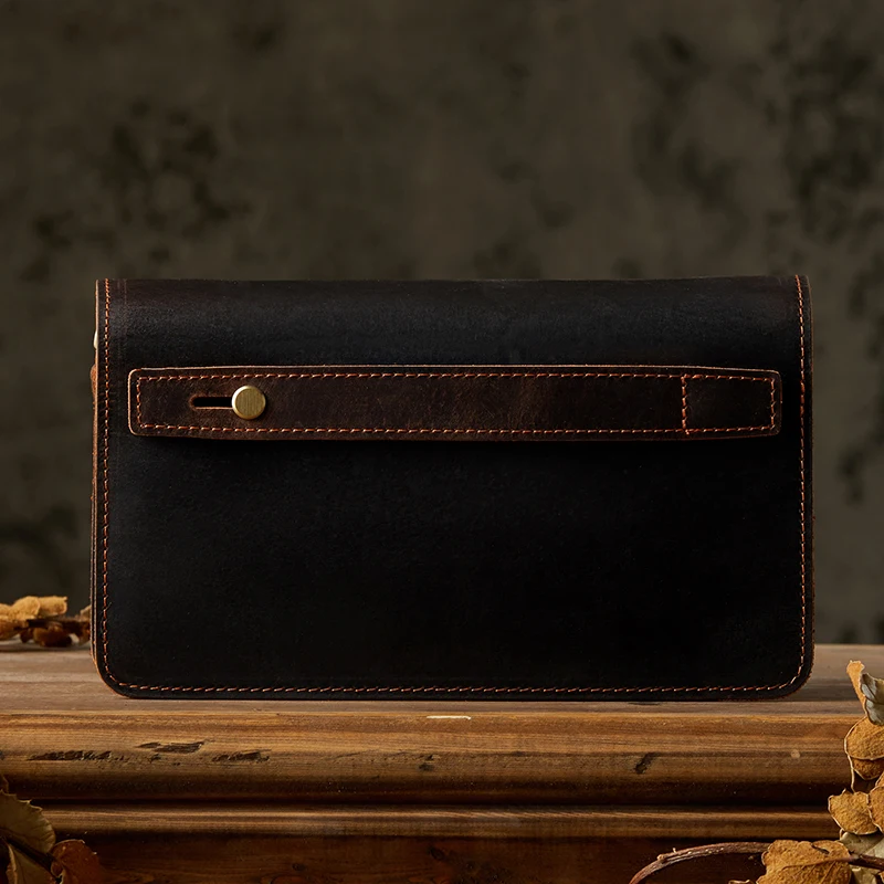 Vintage Genuine Leather Double Zipper Handbag Men Crazy Horse Leather Clutch Long Wallet Cowhide Leather Business Card Holder