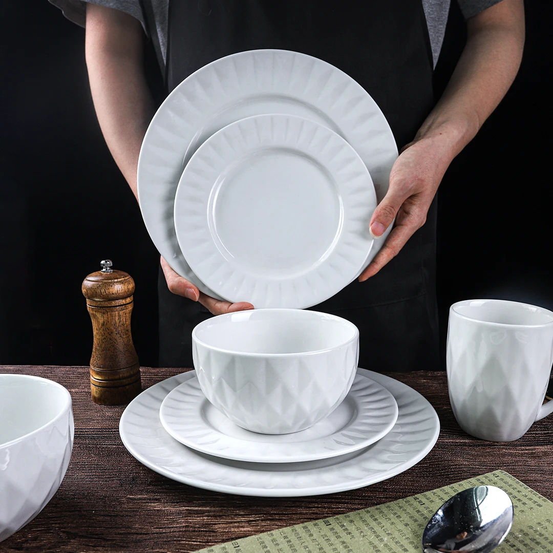 chip resistant scratch resistant dinner plate salad plate cereal bowl mugs embossed white dinnerware collection