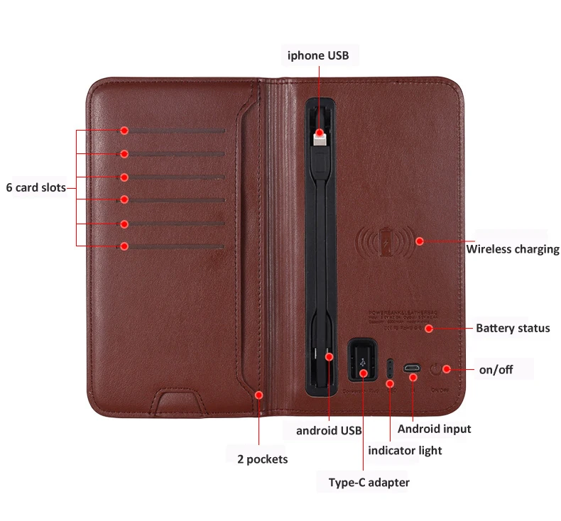 
PU Leather Powerbank Charging Wallet With Wireless Charger Power Bank Travel Wallet Rfid Blocking Wallet 