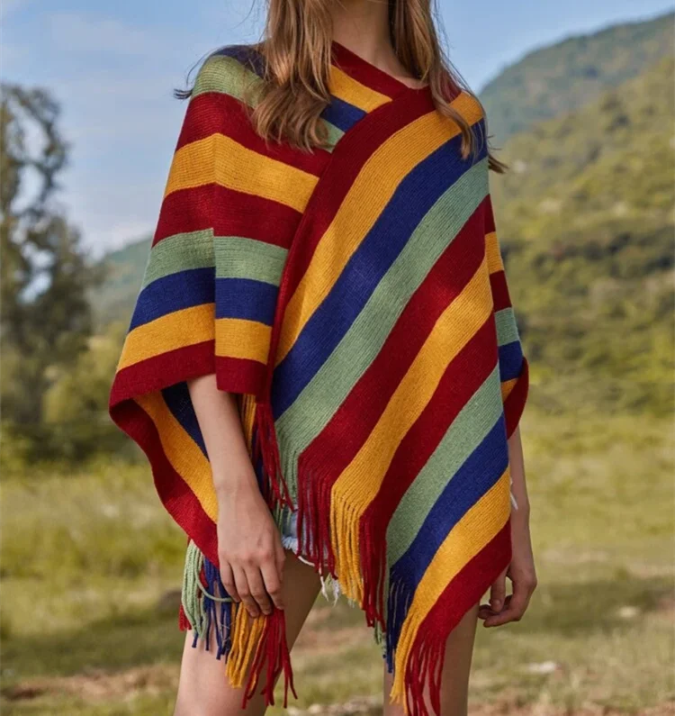 
OEM Women Winter Ladies Knitted V Neck Rainbow Cashmere Stripe Poncho Sweater Patterns Crochet Poncho For Women Sweater 