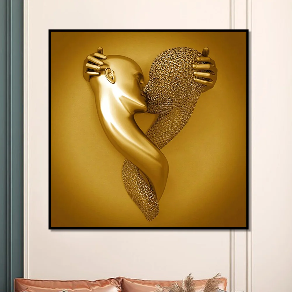 Luxury Custom Portrait Painting Abstract Golden Sculpture Kiss Lover Wall Art  Canvas Painting For Home Decor