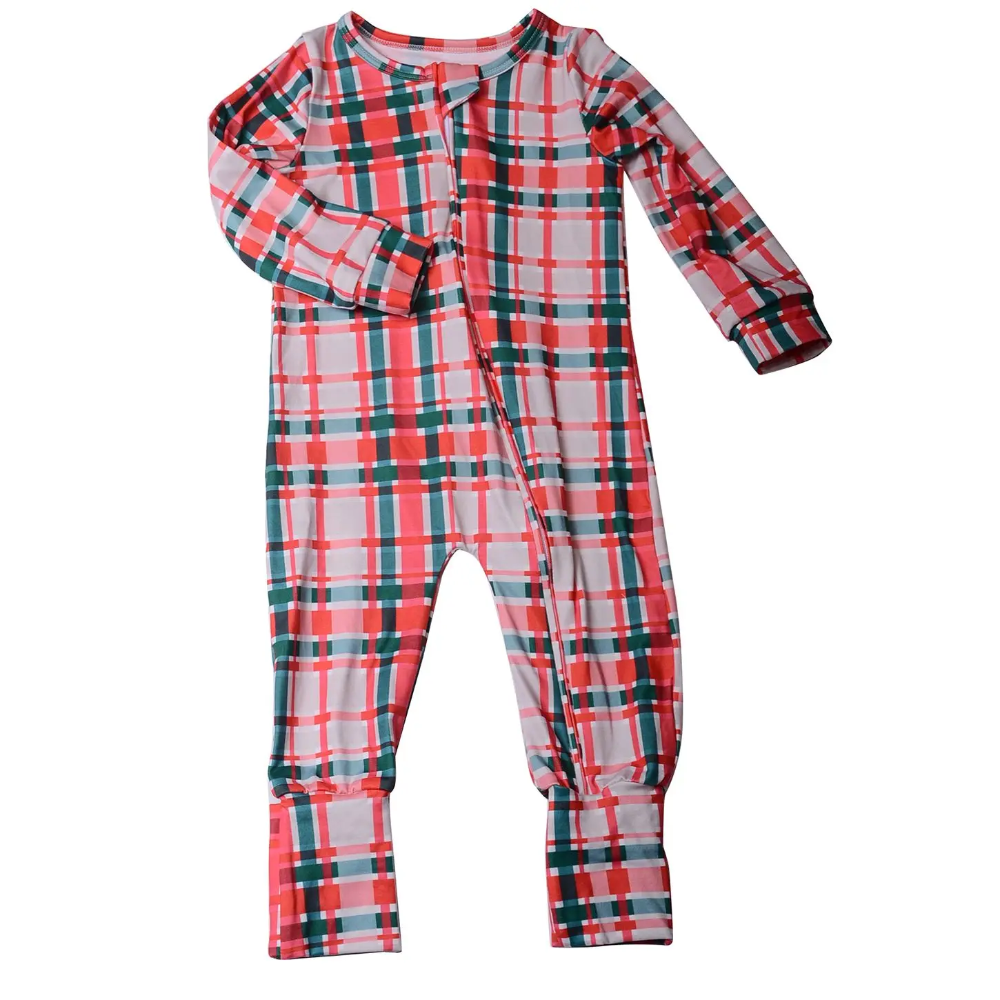 230g cotton/bamboo Custom Christmas Printed Girls Jumpsuit Long Folding feet Romper Babies Zip-Up Pajamas
