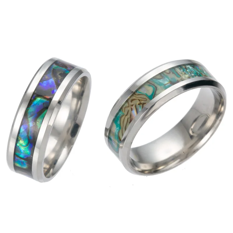 Cool 8MM Gradient Purple Colour Finger Jewelry Stainless Steel Women Men Couples Wedding Band Colorful Abalone Shell Inlay Rings