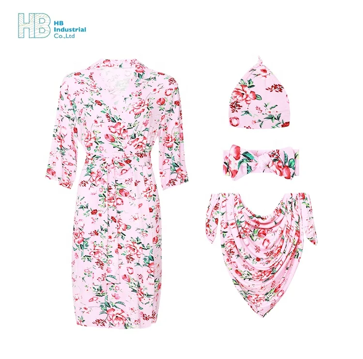 Matching 4-Piece Mommy Robe and Swaddle Set