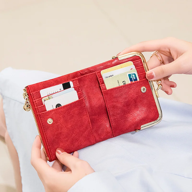 New PU Leather Card Holder Short Folding Wallet With Metal Clip Frame Change Pocket Women Coin Purse