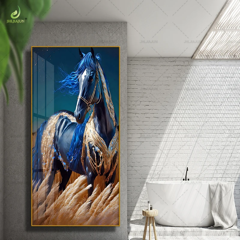 Luxury Decoration HD Printed Canvas Painting Blue Horse Crystal Porcelain Home Decoration and LED Mural Painting