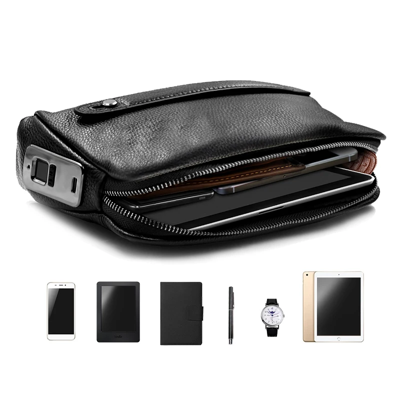 Fingerprint Lock Executive Business Handbag Men Genuine Leather Clutch Bag