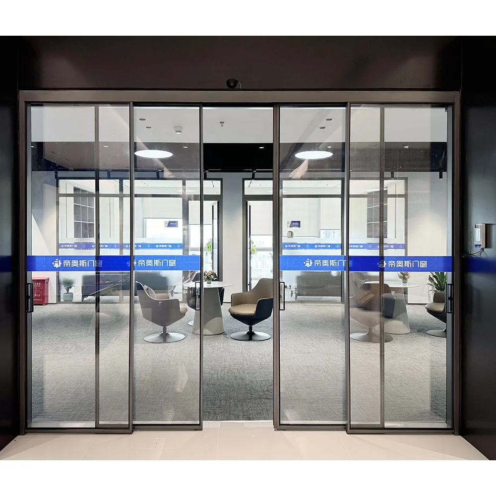 Custom exterior panoramic modern black slimline automatic aluminum sliding glass door