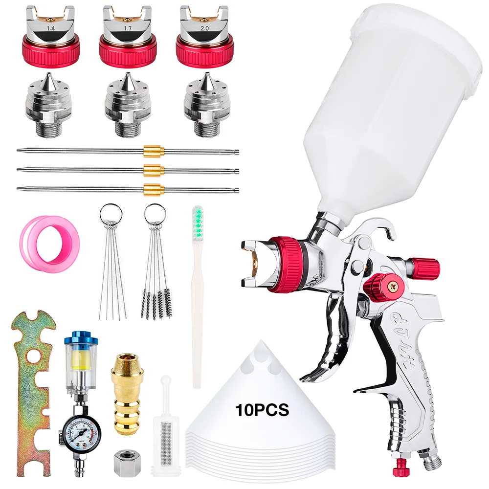 New Design HVLP Red Pneumatic Air Spray Gun 1.4/1.7/2.0mm Nozzle 10 Paint Filters & Pressure Gauge Pneumatic Paint Gun For Car.