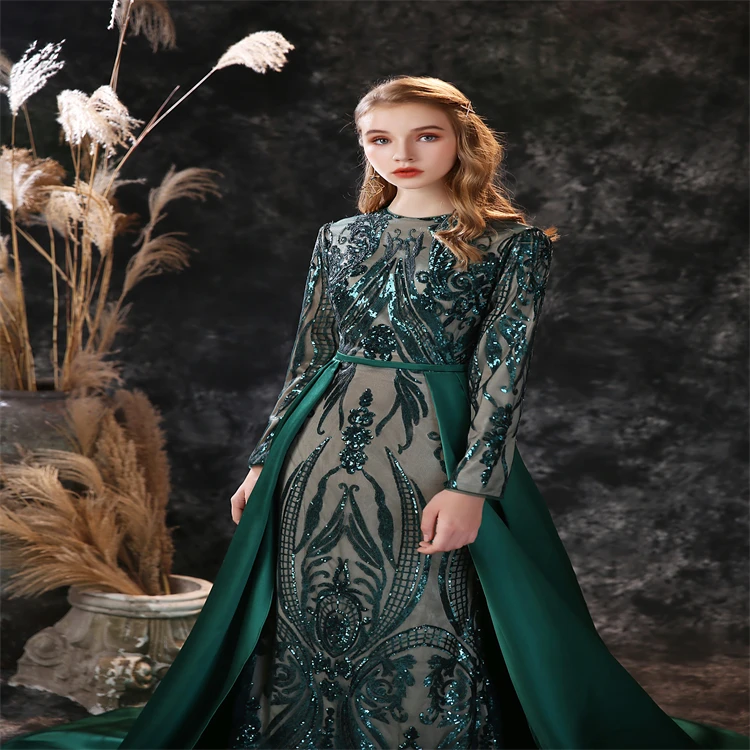 Green Embrodery Lace A-line Skirt Designer Long Sleeves Women  Evening Dresses