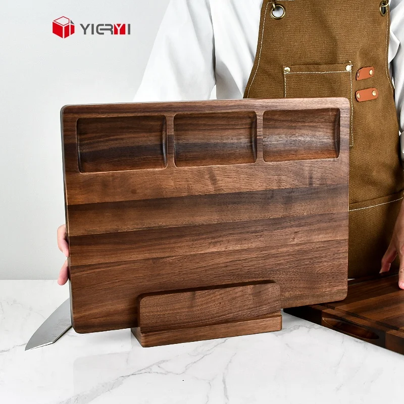 Custom Black Walnut Wooden Cutting Board Kitchen schneidbrett With Juice Groove Serving Steak Chopping Board With Stand