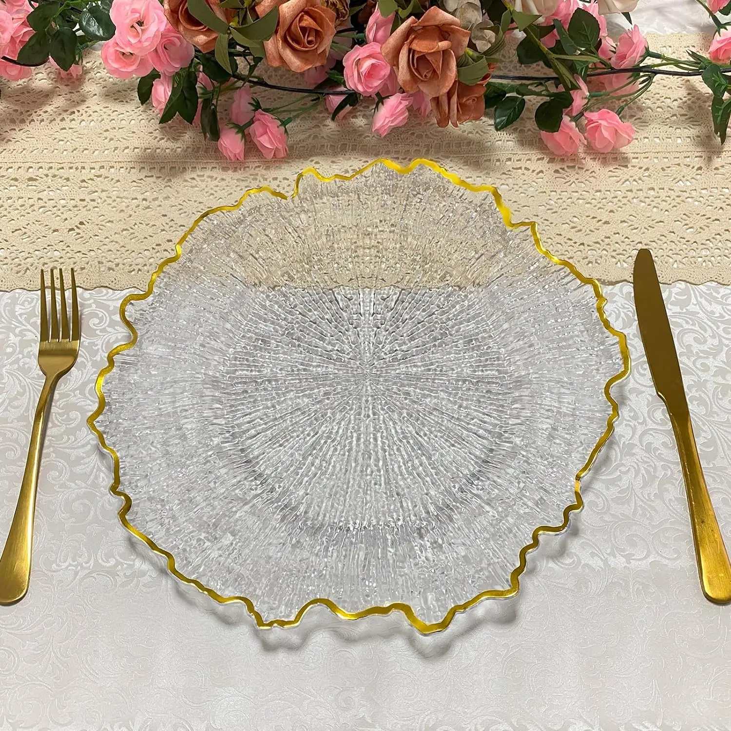 Gold Clear Charger Plates Bulk 13 Inch Plastic Charger Plates with Gold Rim Round Decorative Charger Plates for Event