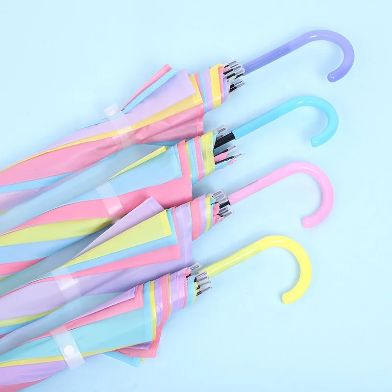 Wholesale Portable Colorful Transparent Umbrella Custom Auto Straight J Handle Parasol Clear Umbrella With Logo