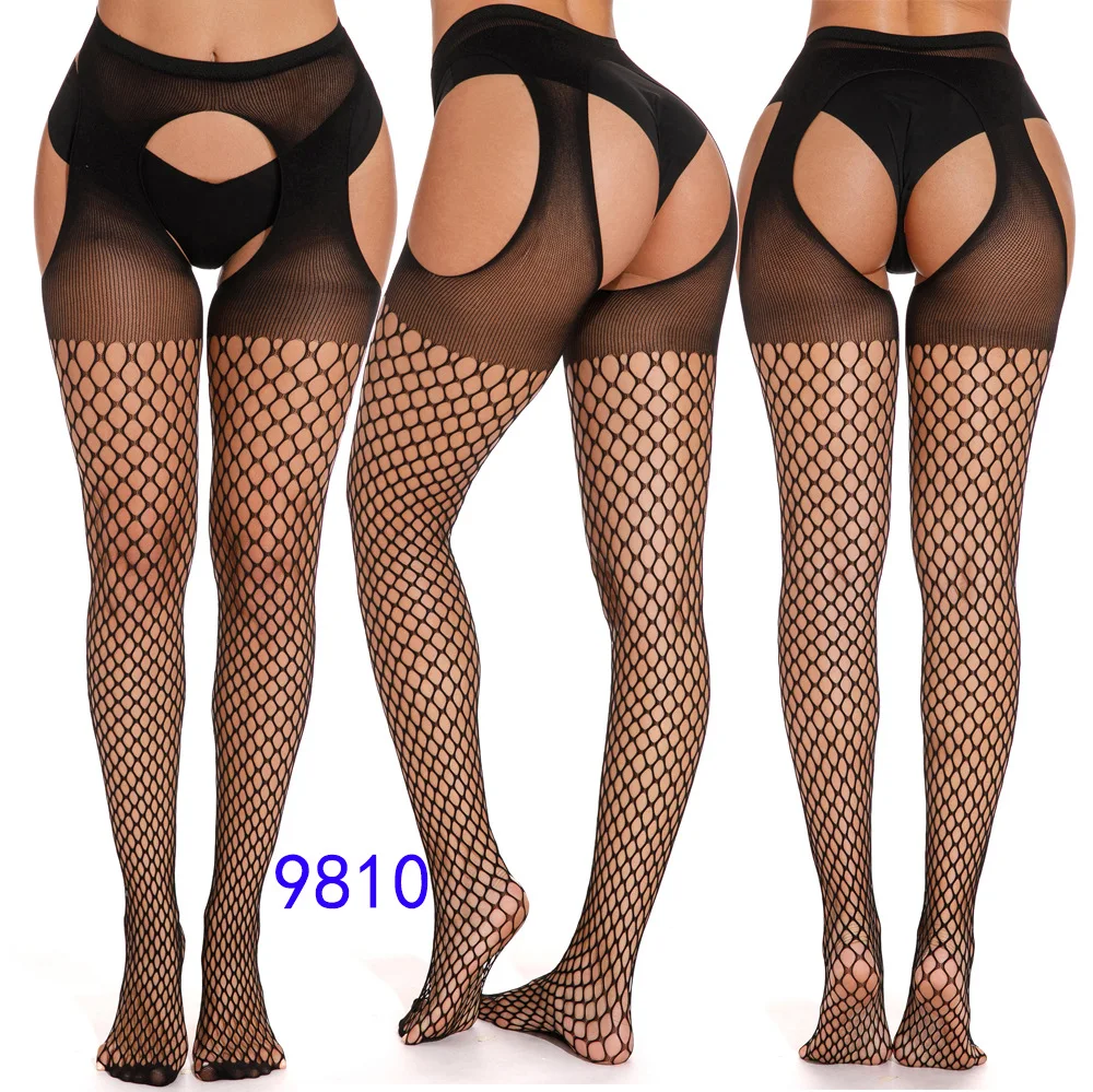 high waist sexy transparent black open crotch fishnet garters suspenders elastic mesh stocking tights for party