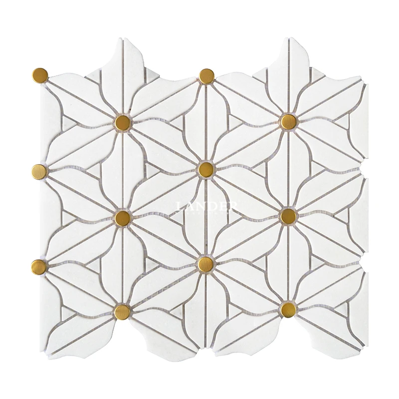 Мраморная мозаика Waterjet с цветами, латунная инкрустация, мозаичная плитка для кухни и ванной, настенная плитка