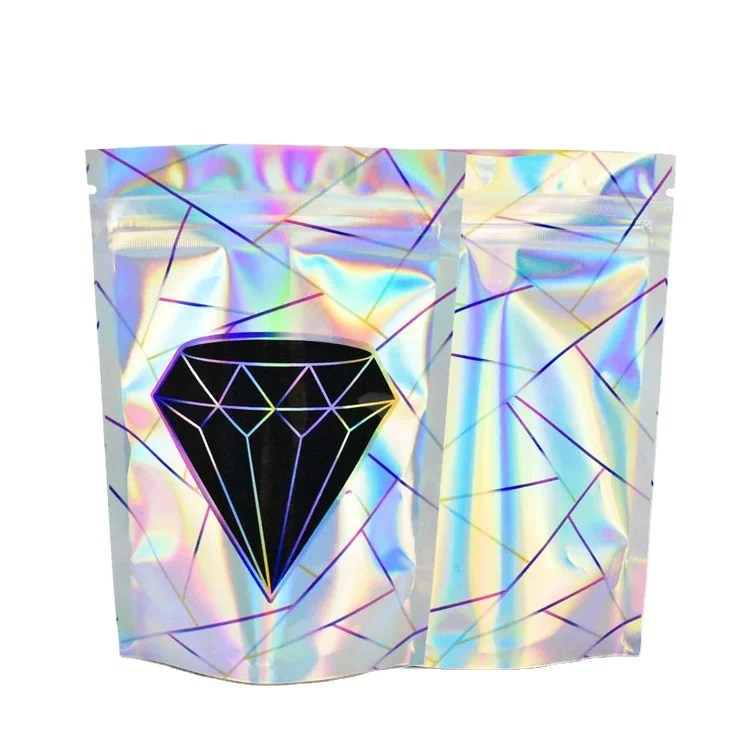 OEM Manufacturer Holographic Child Resistant Pouch Smell Proof Snack Pouch Packaging Plastic Mylar Bag