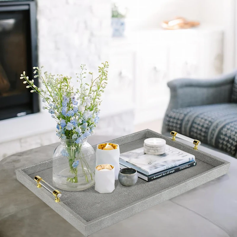 luxury  shagreen leather tray wedding with acrylic handles golden metal accessories