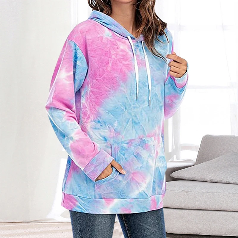 
Women Fashion Printed Tie-Dye Pocket Hooded Loose Sweatshirt women printed long sleeve sweater 2021 hot sell 