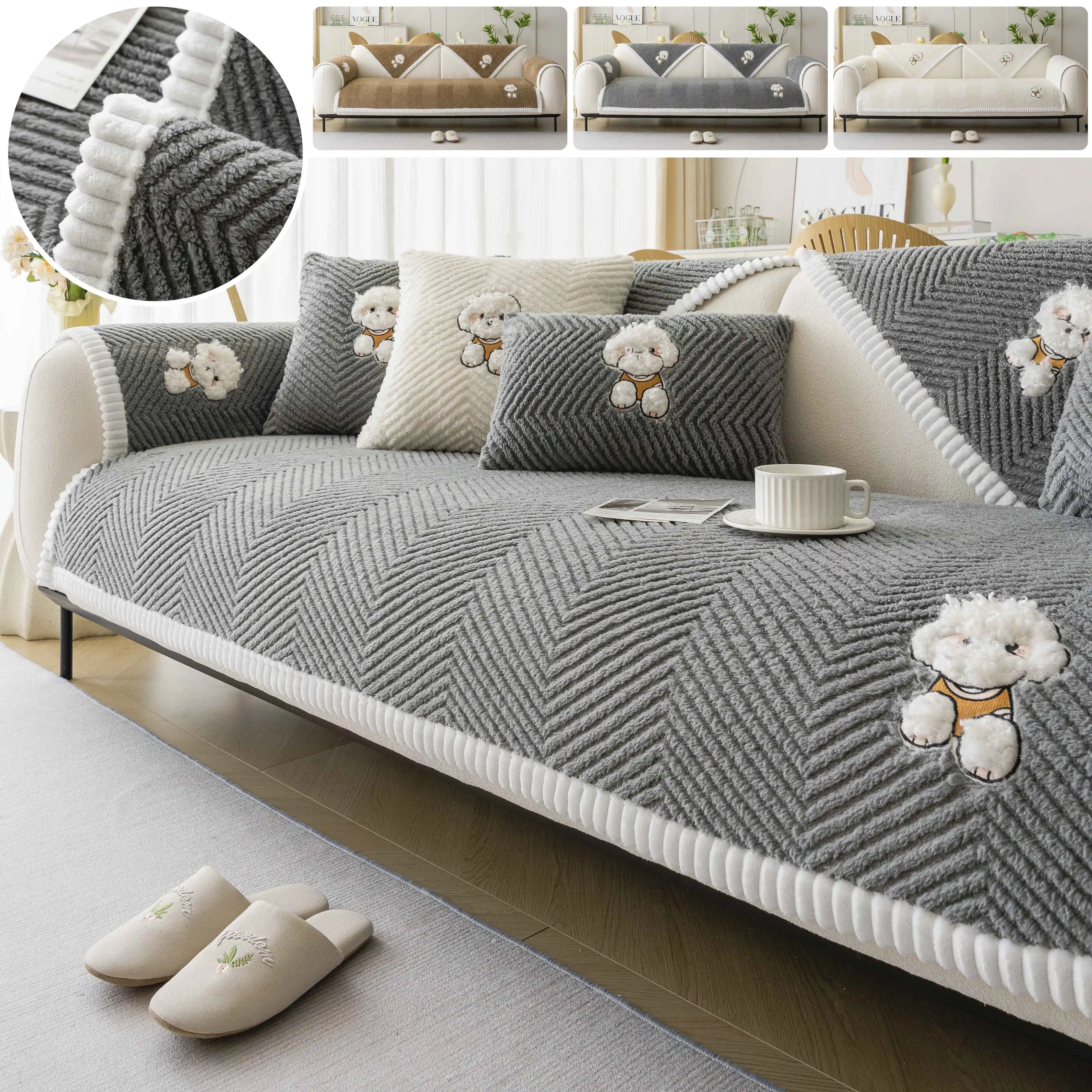 2025 New Dog Embroidery Sofa Cushion Autumn Winter Velvet Non-Slip Sofa Cover Full Sofa Throw