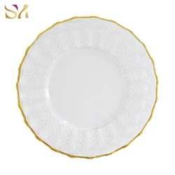 Custom 13 inch glass pressed chargers plate for wedding Gold rim pattern charger plate
