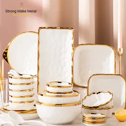 Hot sale Nordic color glaze marble gold rim dishes plate sets Crockery Tableware Porcelain ceramic dinner plate dinnerware
