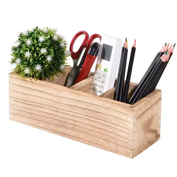 Custom Multi Use Stationery Pencil Cup Pot Rustic Table Organizer Wood Pen Holder  with  Compartment