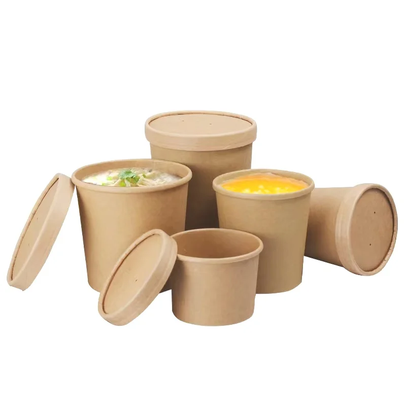Лидер продаж на amazon, биоразлагаемая одноразовая чаша для горячего супа 8 унций 12 унций 16 унций 26 унций 32 унции из коричневой крафтовой бумаги с крышкой из полипропилена