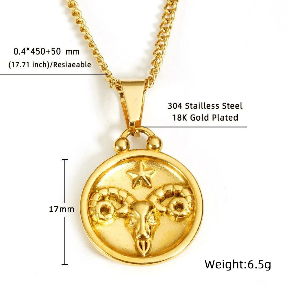 G3327 Wholesale Stainless Steel 18K Gold Plated Round Charm Horoscope Pendant Necklace Fashion Jewelry Zodiac Sign Necklaces