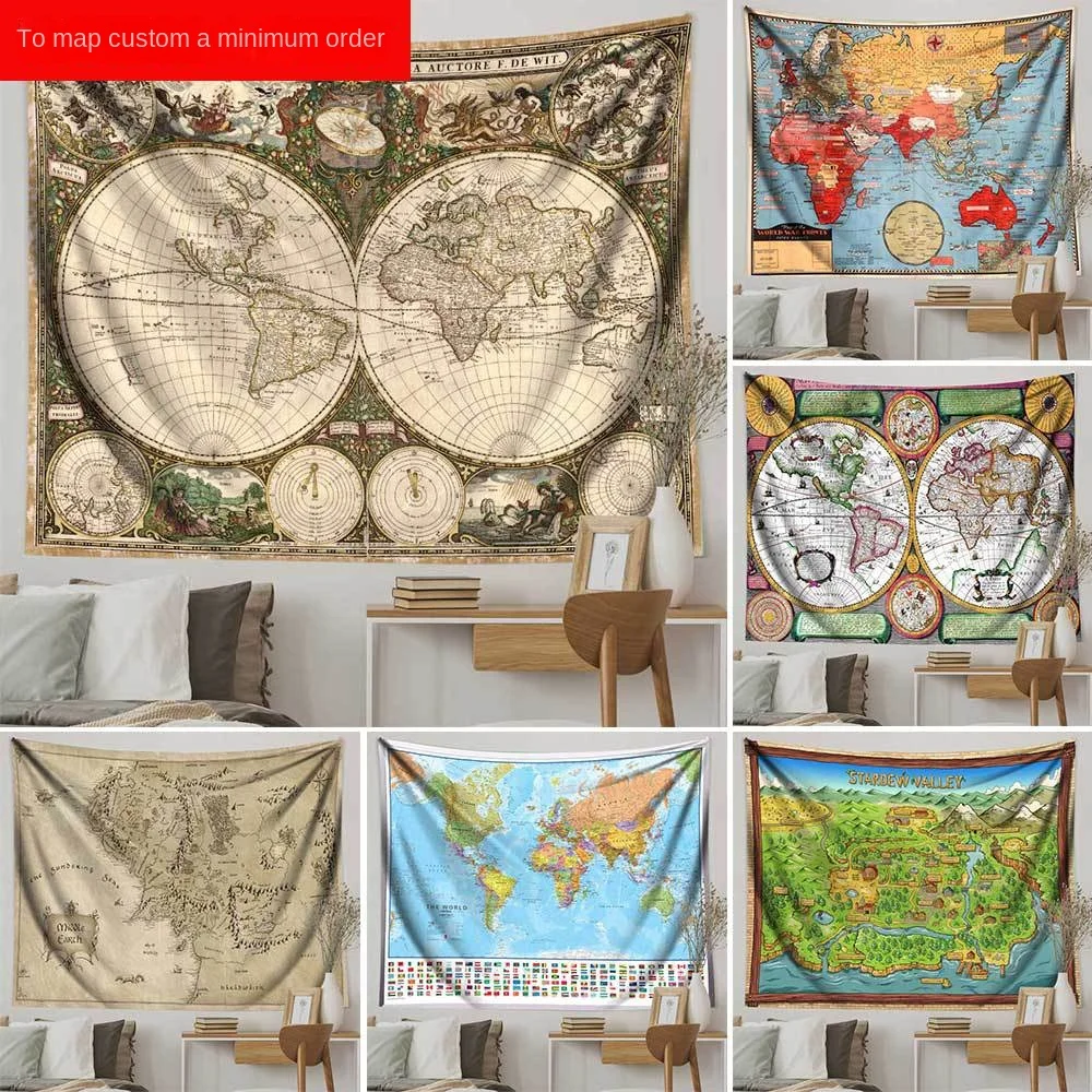 Vintage Color Magic Academy Nautical Treasure Map Background Cloth Woven Tapestry for Living Room Bedside or Rental House Decor