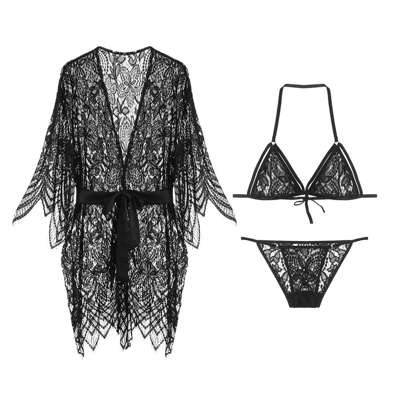 Sexy lace hollow out transparent wave condole belt sexy underwear pyjamas nightgown three-point type household nightgown