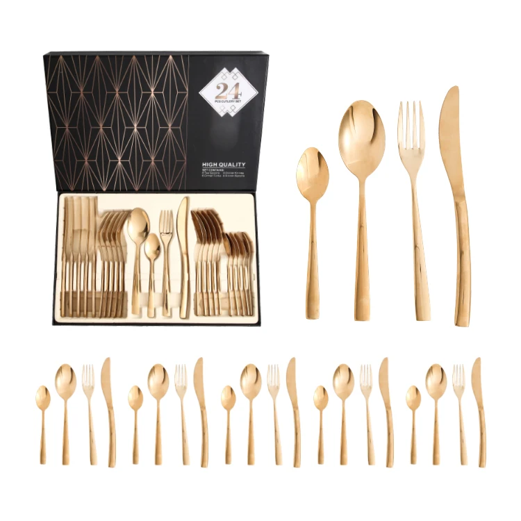 Custom stainless steel spoon set gold silverware talher cubiertos dorados spoon and fork luxury golden cutlery flatware sets