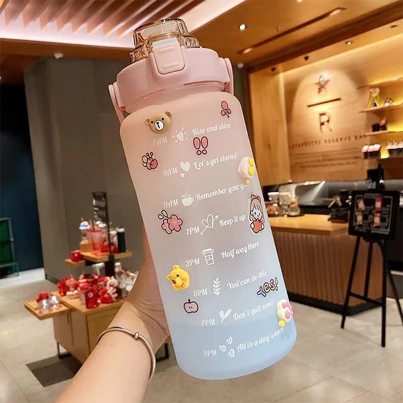 Gallon Water Bottle with Straw Sports Gradient Bottle Cute Cartoon Sticker Big Capacity Trending Gym Plastic Water Bottle