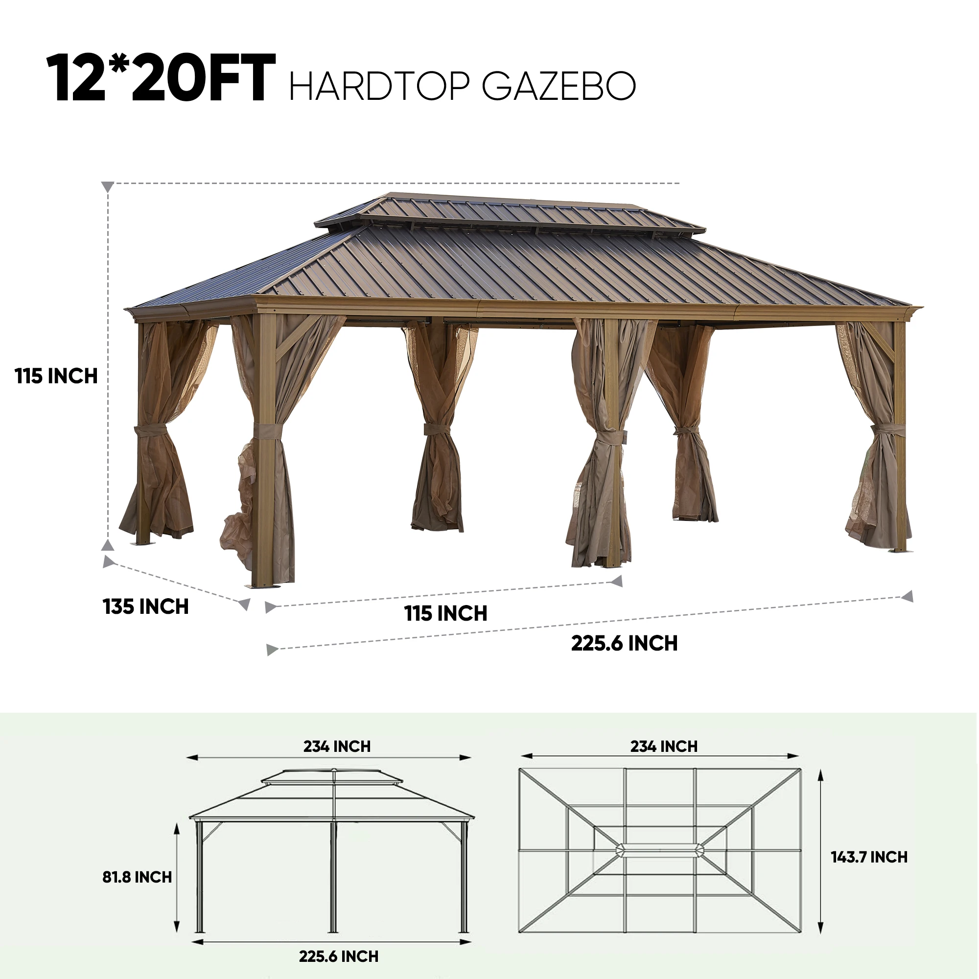 USA Overseas Warehouse Stock, Factory Direct12*20 ft. Aluminum Frame with Wood Grain, Outdoor Hardtop Metal Patio Gazebo