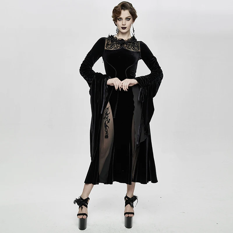 ESKT026 Eva Lady brand ball gown Romantic see through lace sexy women flared sleeve black velvet performance wear evening dress