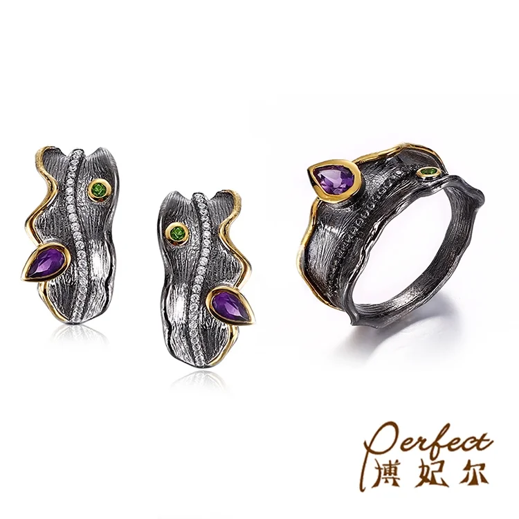 Fashion Wholesale Turkish 925 Sterling Silver Jewelry Set with Amethyst Stone