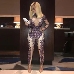 Женские пикантные прозрачные со стразами Bodycon Clubwear женские модные тонкие вечерние показать комбинезон